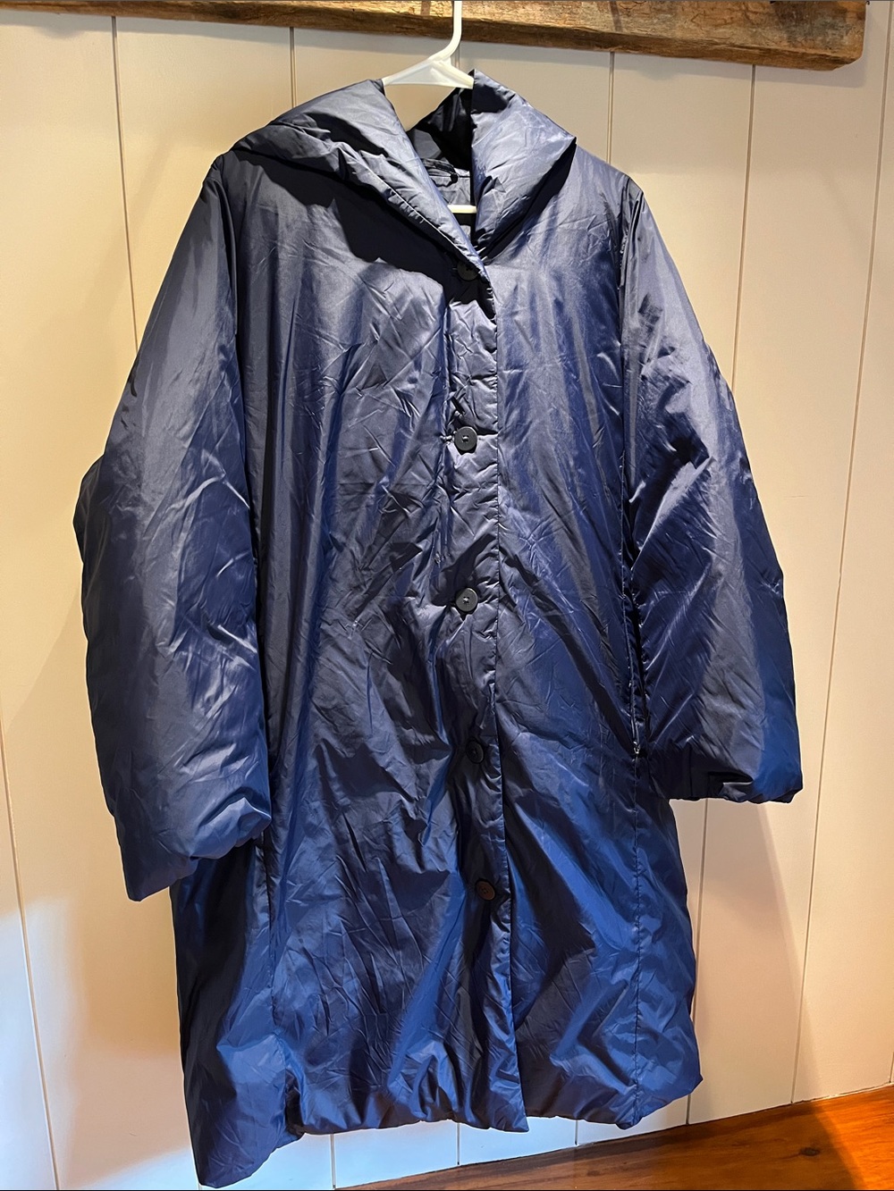 EILEEN FISHER L Blue Duck Down Hooded Jacket Recycled Nylon Button Up Eggshell